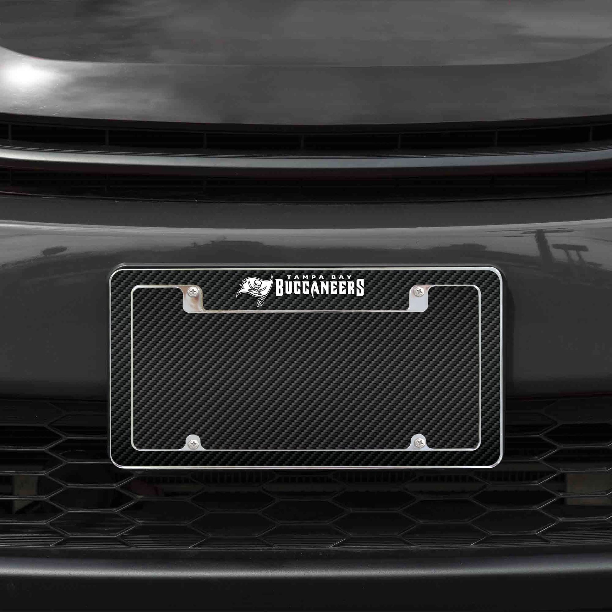 Tampa Bay Buccaneers Chrome Metal License Plate Frame Tag Cover, Carbon Fiber Design, 12x6 Inch