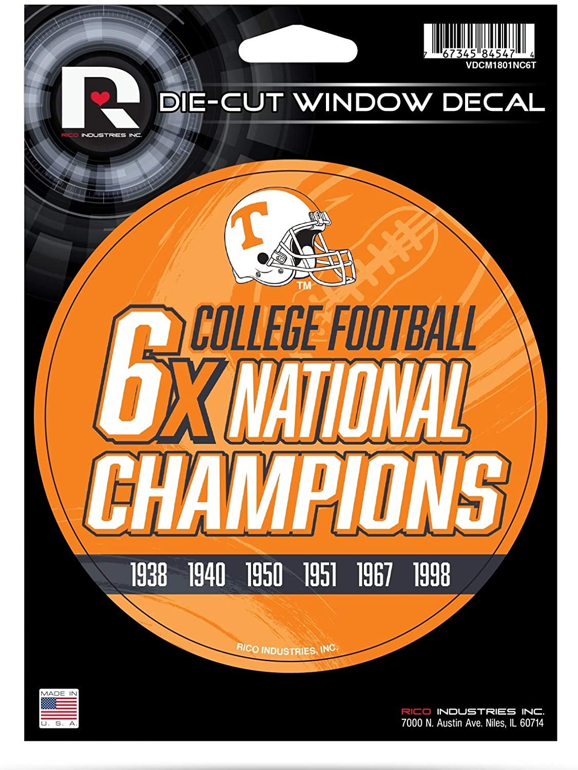 Tennessee Volunteers 5" Decal Sticker 6X Time Champions Flat Vinyl Auto Emblem College Football University of Tennessee