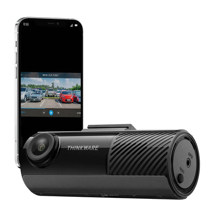 Thinkware dashboard camera with smartphone displaying video feed on a white background
