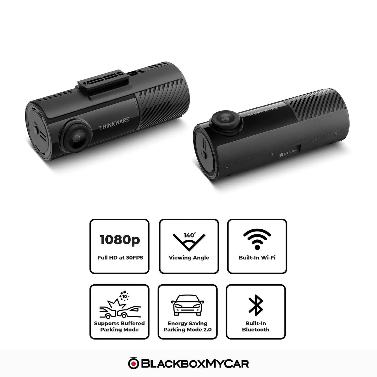 Two black dash cameras with features listed on a white background, branded as BlackboxMyCar.