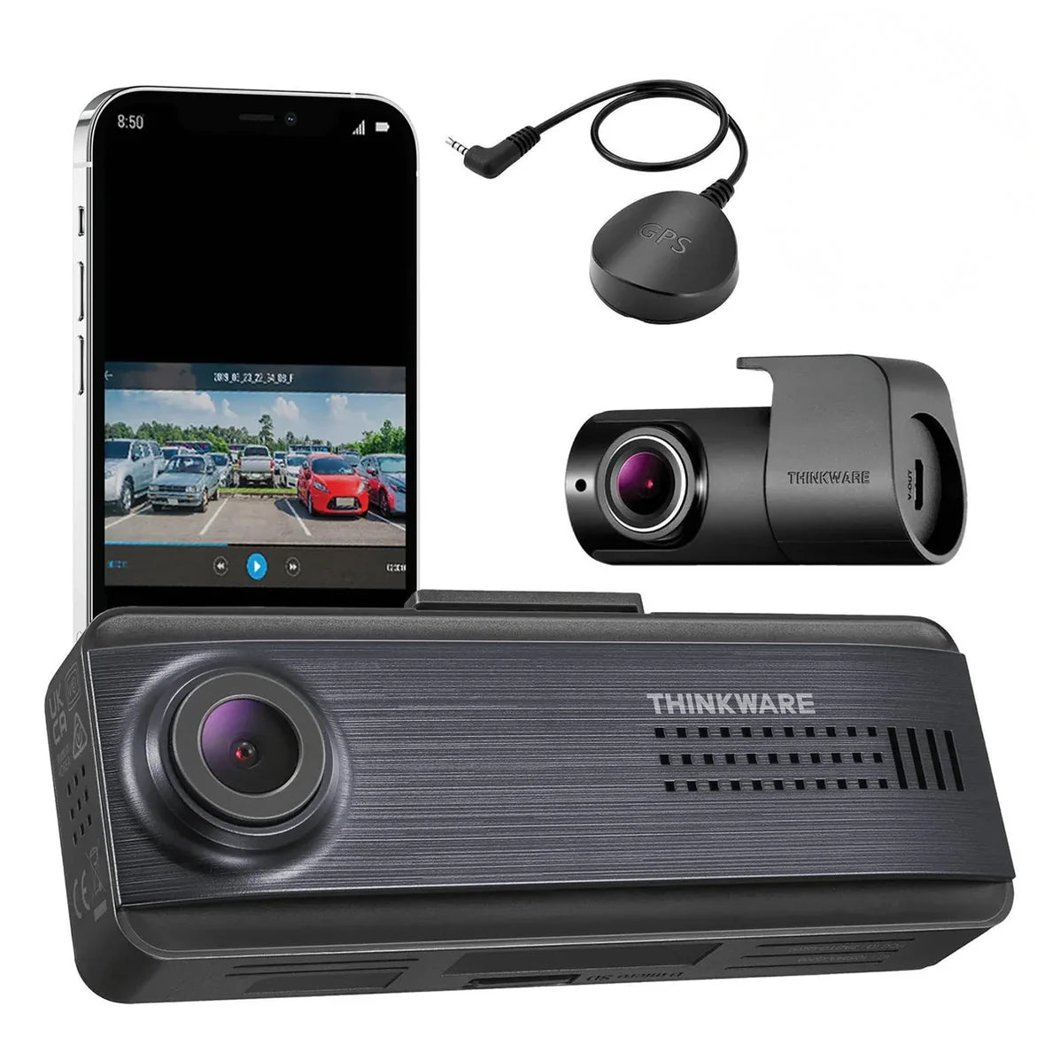 Thinkware dashboard camera system with smartphone app on screen, phone, and additional camera on white background