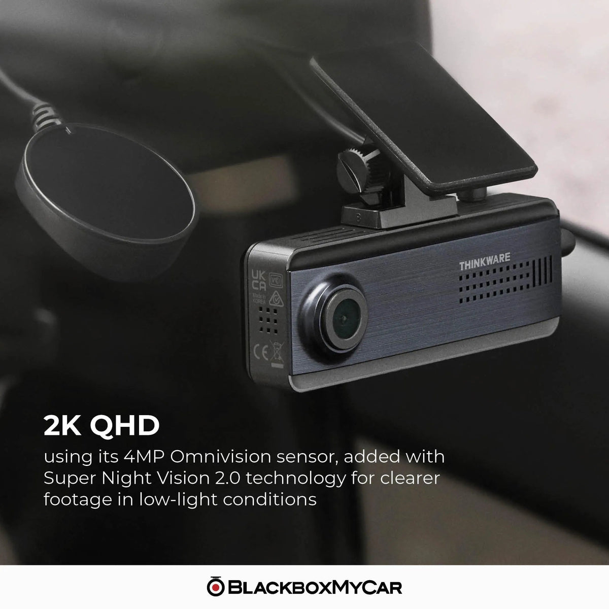 Car dashboard camera with 2K QHD resolution and Super Night Vision 2.0 technology, branded as BlackboxMyCar.
