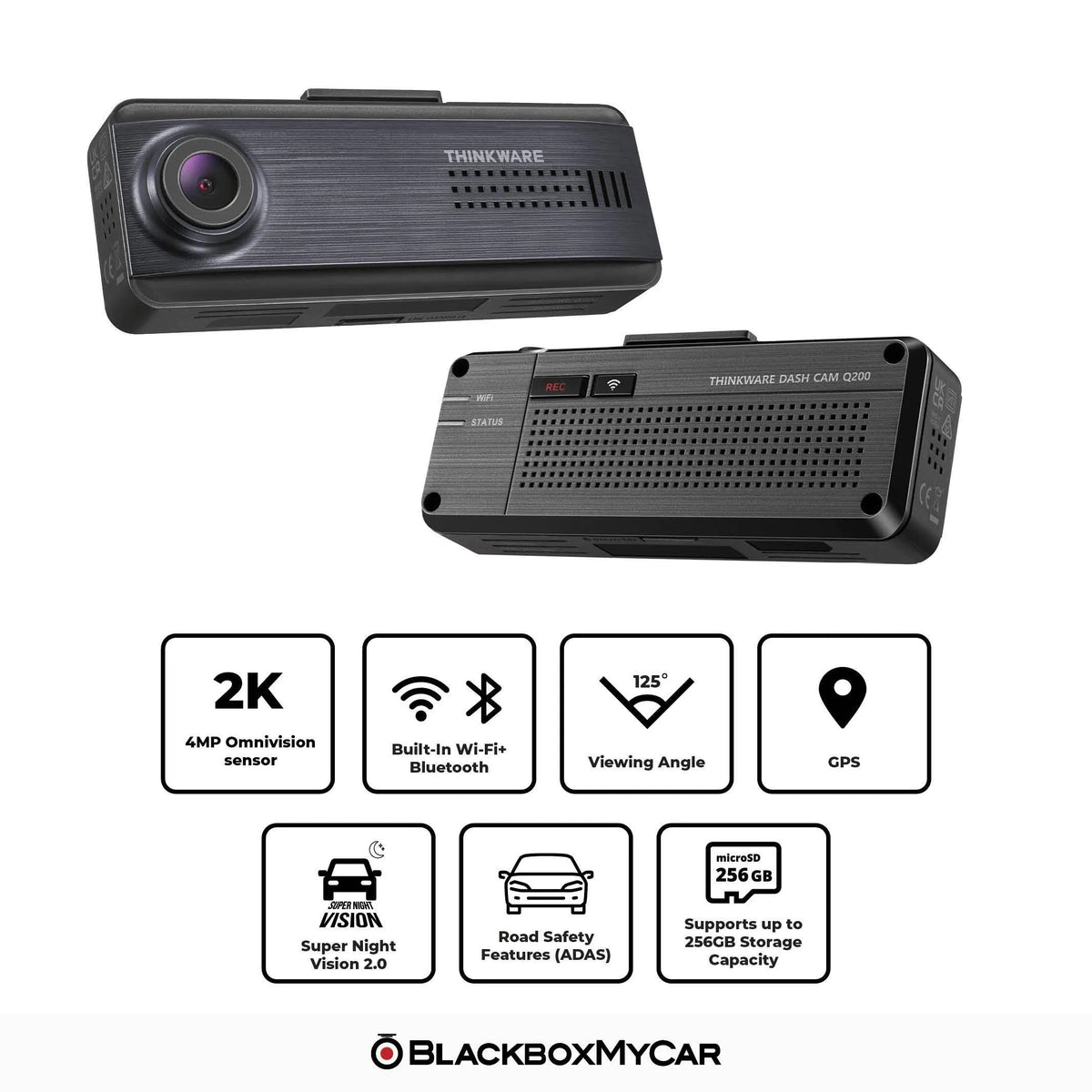Black car dashboard camera with features displayed on a white background