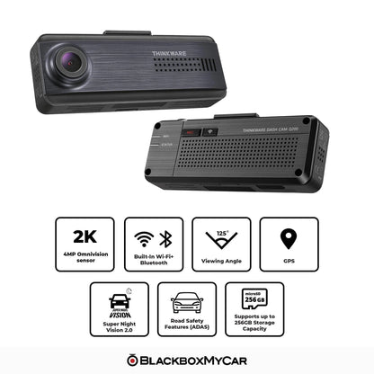 Black car dashboard camera with features displayed on a white background