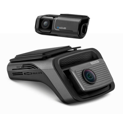 A black and dark gray radar detector shown from two angles on a clean white background. The top view shows the device from the front, while the larger bottom view shows a three-quarter angle highlighting its textured front cover and side vents.