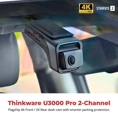 Car dash cam with 4K Ultra HD and Starvis sensor technology, displayed on a car dashboard.