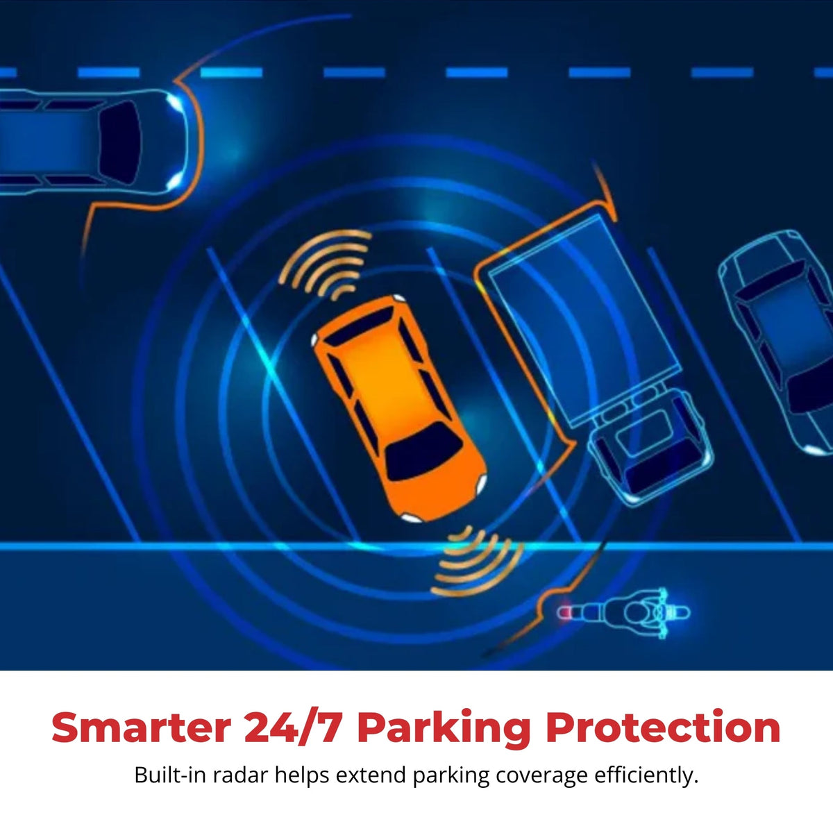 Illustration of a car with built-in radar for parking protection on a blue background.