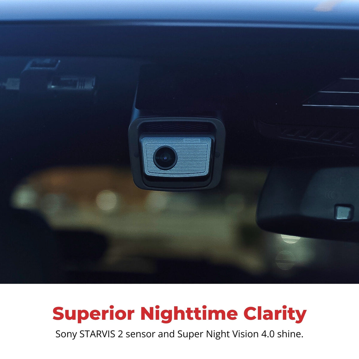 Car dashboard camera with text highlighting superior nighttime clarity