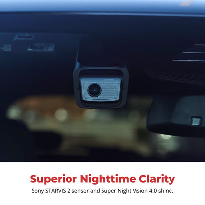 Car dashboard camera with text highlighting superior nighttime clarity