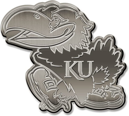 University of Kansas Jayhawks Solid Metal Auto Emblem Antique Nickel for Car/Truck/SUV