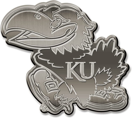 University of Kansas Jayhawks Solid Metal Auto Emblem Antique Nickel for Car/Truck/SUV