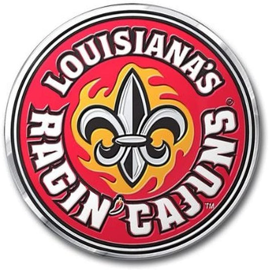 University of Louisiana Lafayette Ragin Cajuns Auto Emblem, Aluminum Metal, Embossed Team Color, Raised Decal Sticker, Full Adhesive Backing