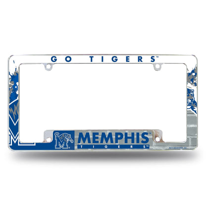 University of Memphis Tigers Metal License Plate Frame Chrome Tag Cover, All Over Design, 6x12 Inch
