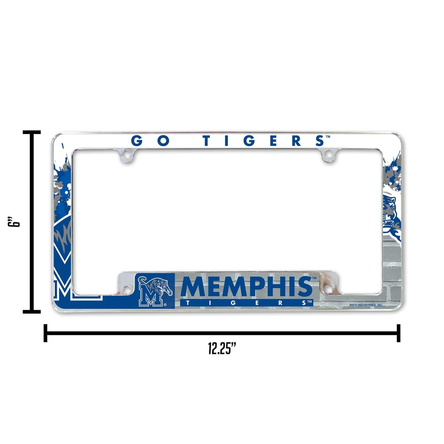 University of Memphis Tigers Metal License Plate Frame Chrome Tag Cover, All Over Design, 6x12 Inch