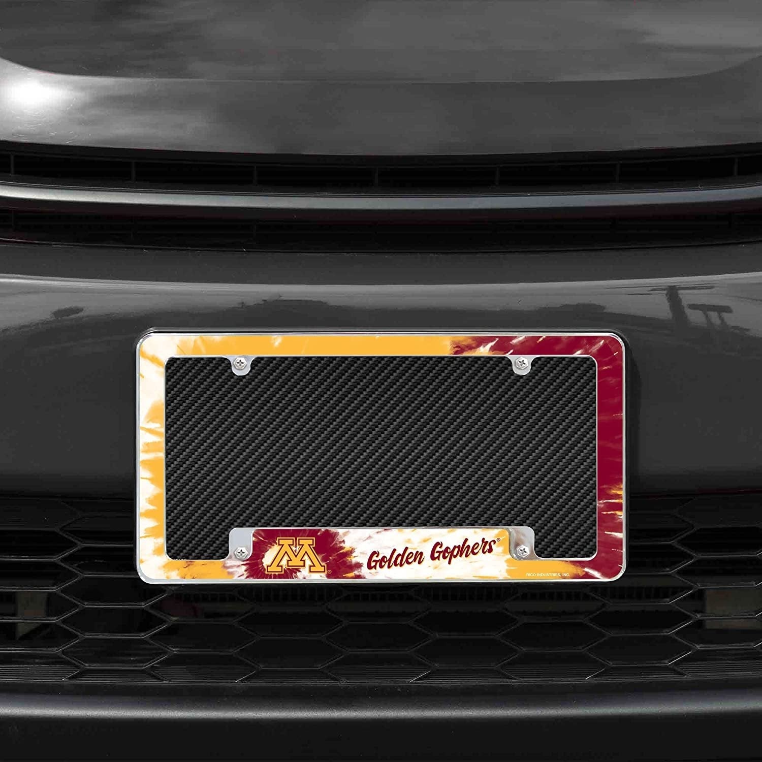 University of Minnesota Golden Gophers Metal License Plate Frame Chrome Tag Cover Tie Dye Design 6x12 Inch