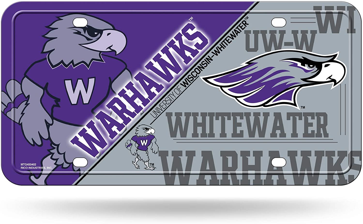 University of Wisconsin Whitewater Warhawks Metal Auto Tag License Plate, Split Design, 6x12 Inch