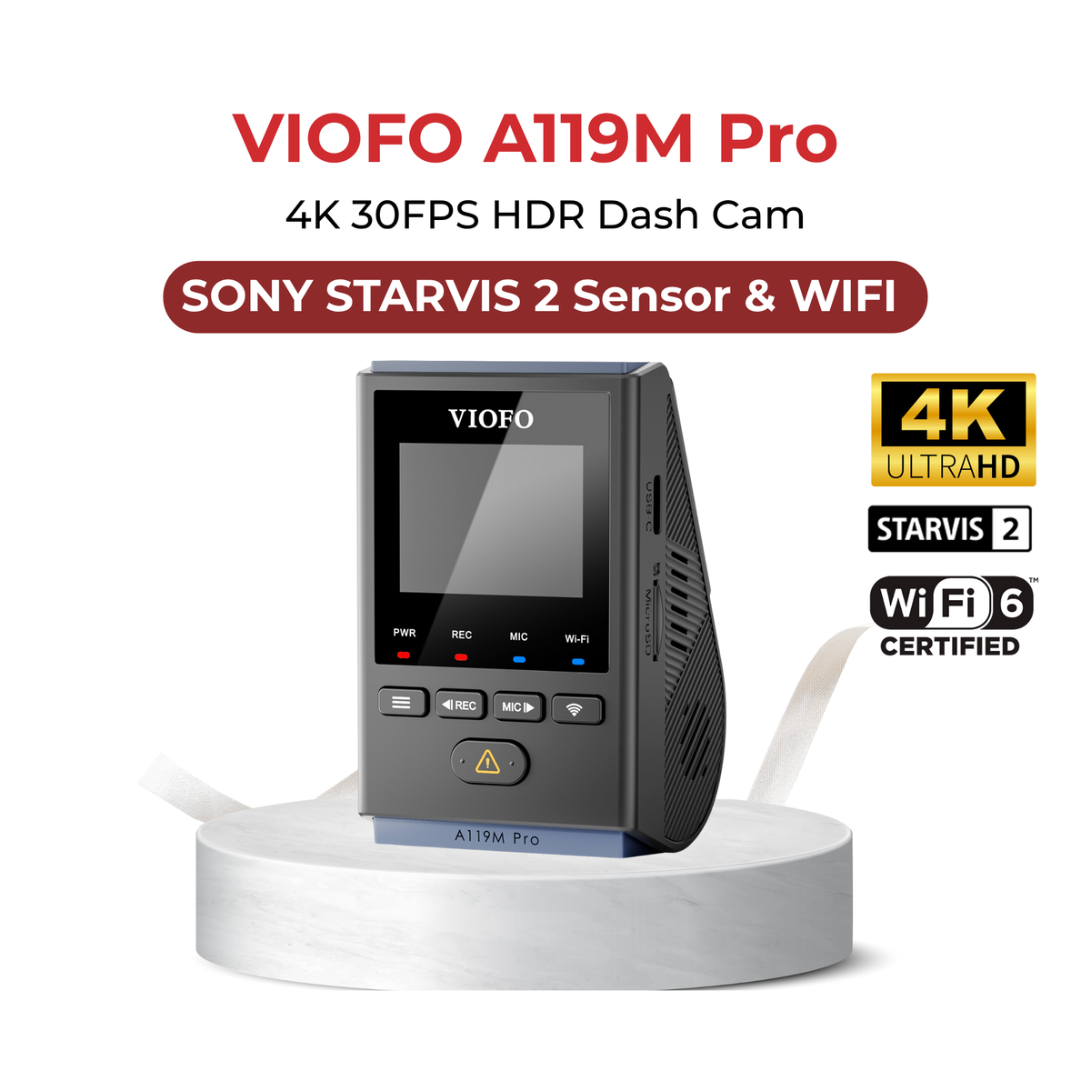 VIOFO A119M Pro 4K 30FPS HDR Dash Cam with Sony Starvis 2 Sensor & WiFi on a white background