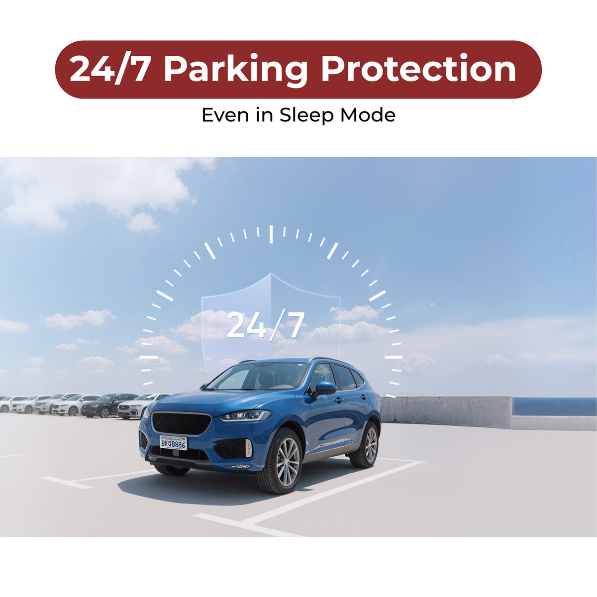 Blue car in a parking lot with '24/7 Parking Protection' text overlay.