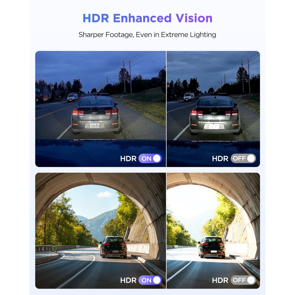 Comparison of HDR Enhanced Vision on a car driving through different lighting conditions.