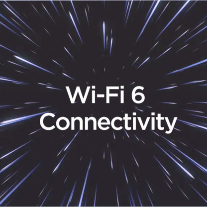 Digital graphic featuring the text 'Wi-Fi 6 Connectivity' in white sans-serif font, centered over a dark background with blue and white light streaks radiating outward like a hyperspace scene.