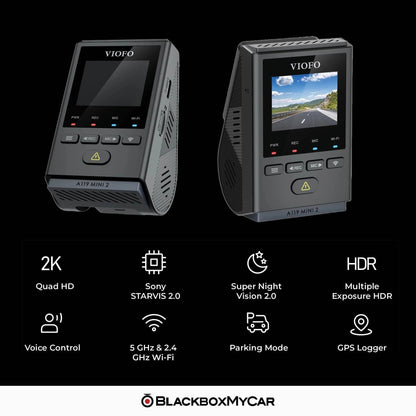 Two views of the VIOFO A119 Mini 2 with recording, Wi-Fi, GPS and voice-control feature icons