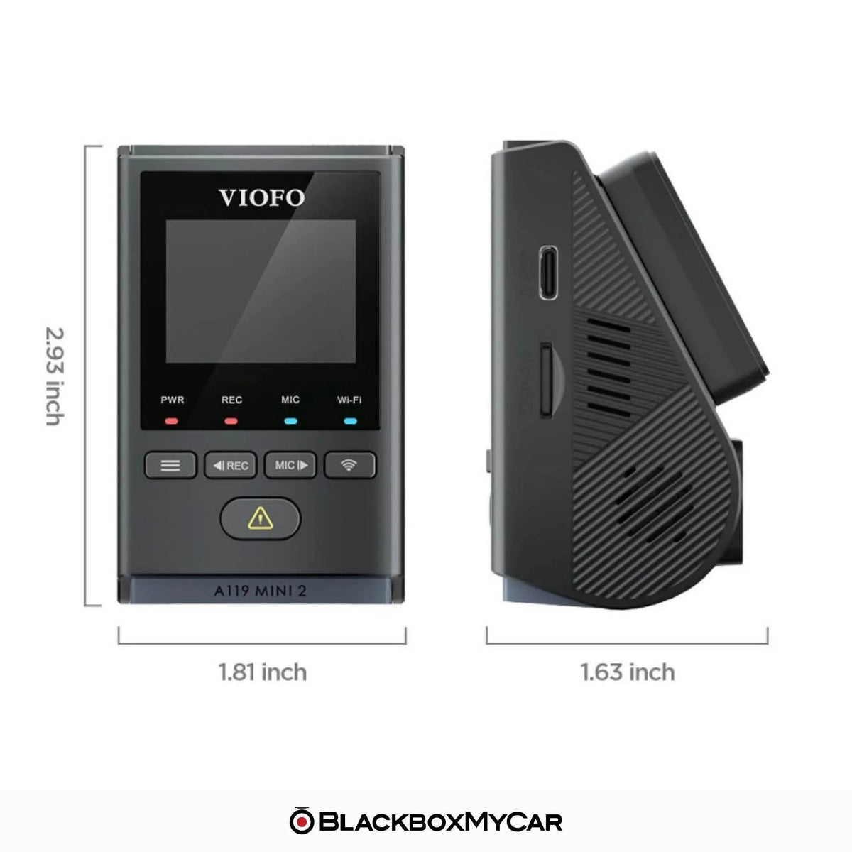 VIOFO A119 Mini 2 screen and side views with labeled dimensions