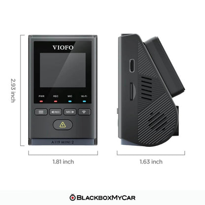 VIOFO A119 Mini 2 screen and side views with labeled dimensions