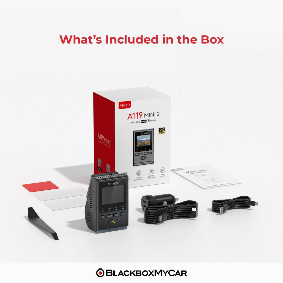 VIOFO A119 Mini 2 box contents with camera, charger, cables, trim tool, adhesive and manual
