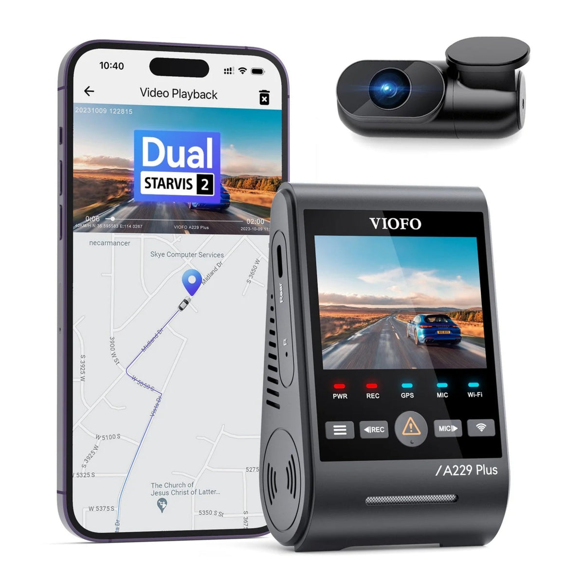 Car dashboard camera, smartphone with app interface, and VIOFO A229 Plus device on a white background