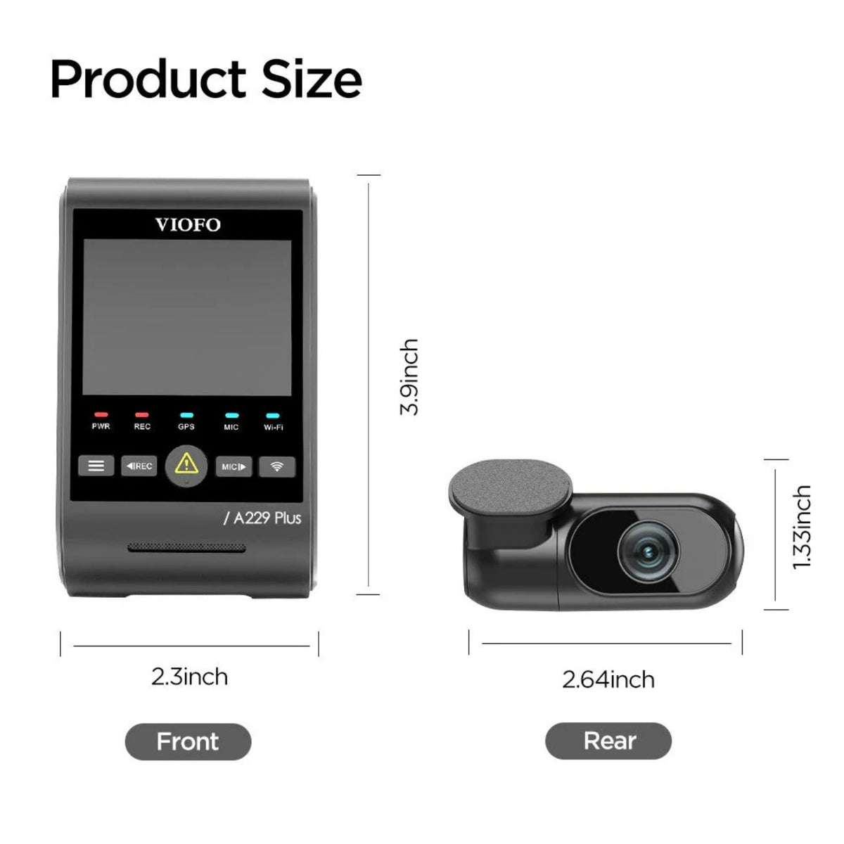 Measurement chart of VIOFO A229 Plus device and camera with dimensions labeled.