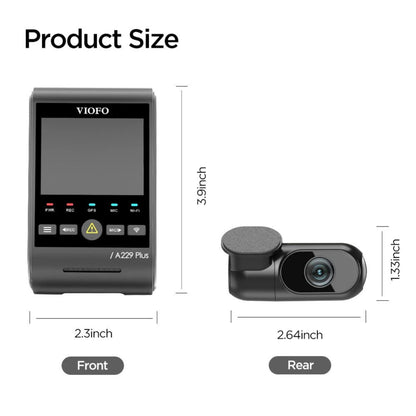 Measurement chart of VIOFO A229 Plus device and camera with dimensions labeled.