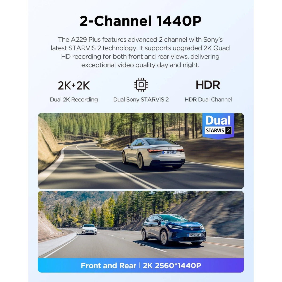 Advertisement for a 2-channel 1440P camera system with car footage on a scenic road.