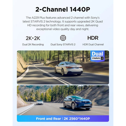 Advertisement for a 2-channel 1440P camera system with car footage on a scenic road.