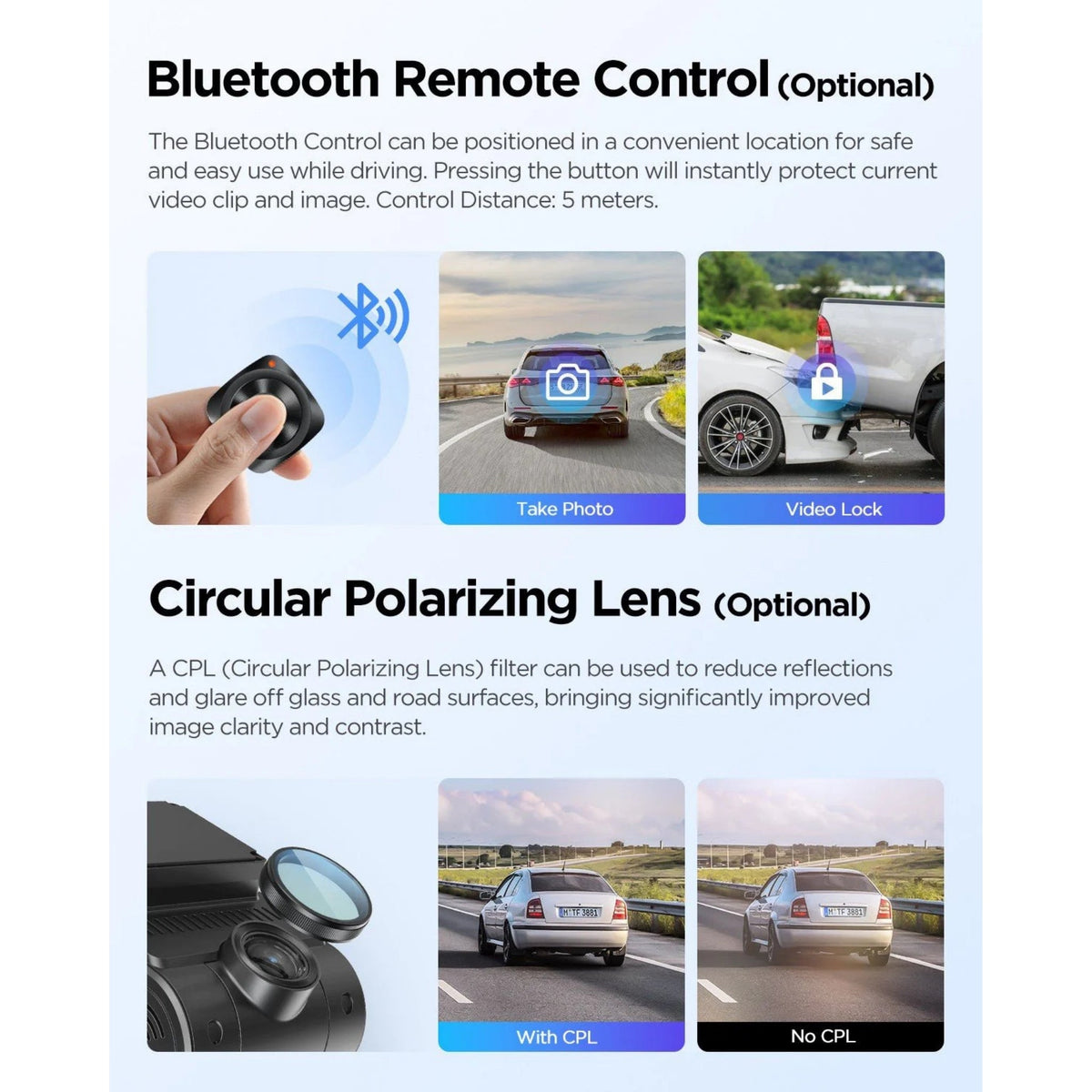 Advertisement for Bluetooth remote control and circular polarizing lens with images of a car and camera.