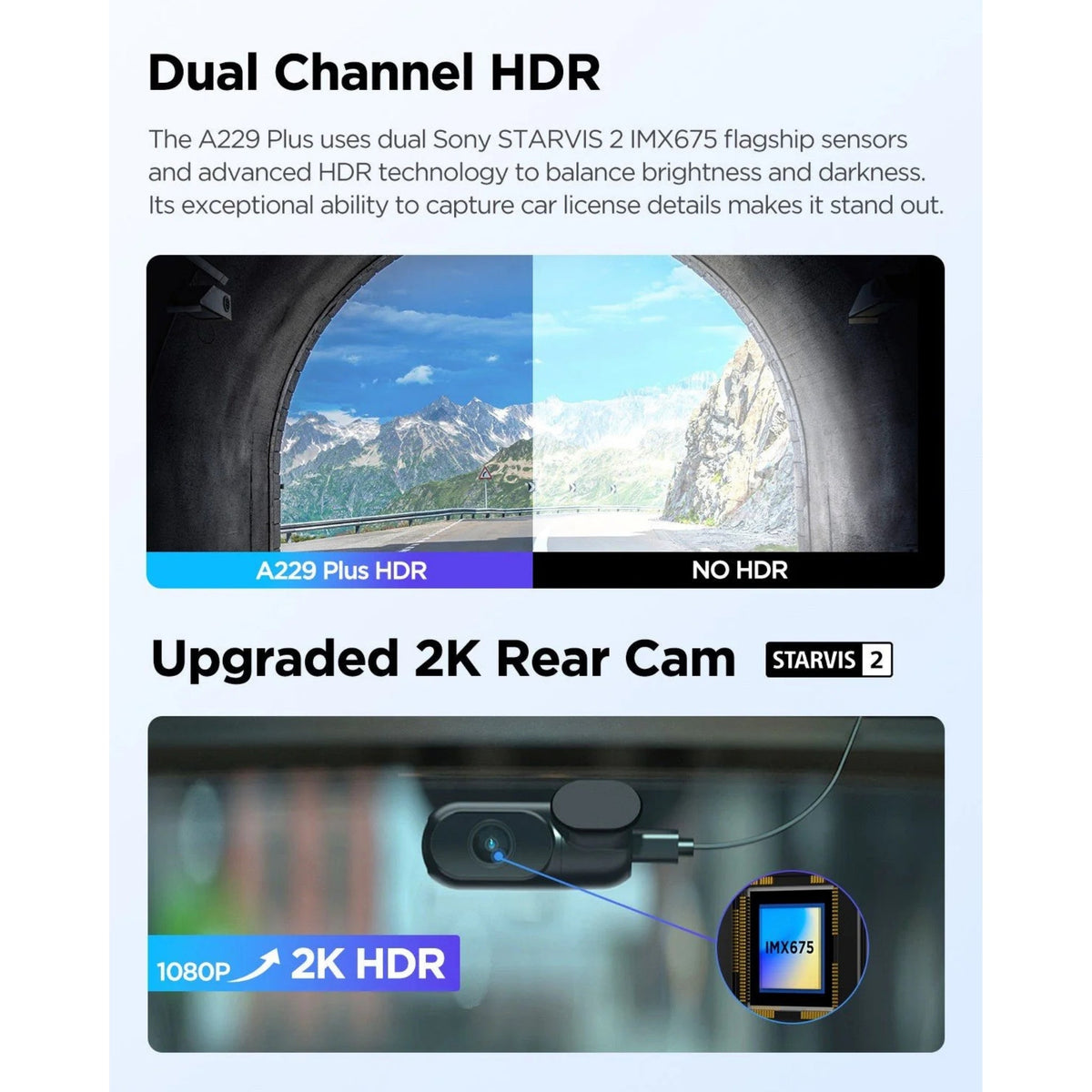 Advertisement for a camera system with dual channel HDR and 2K rear cam features.