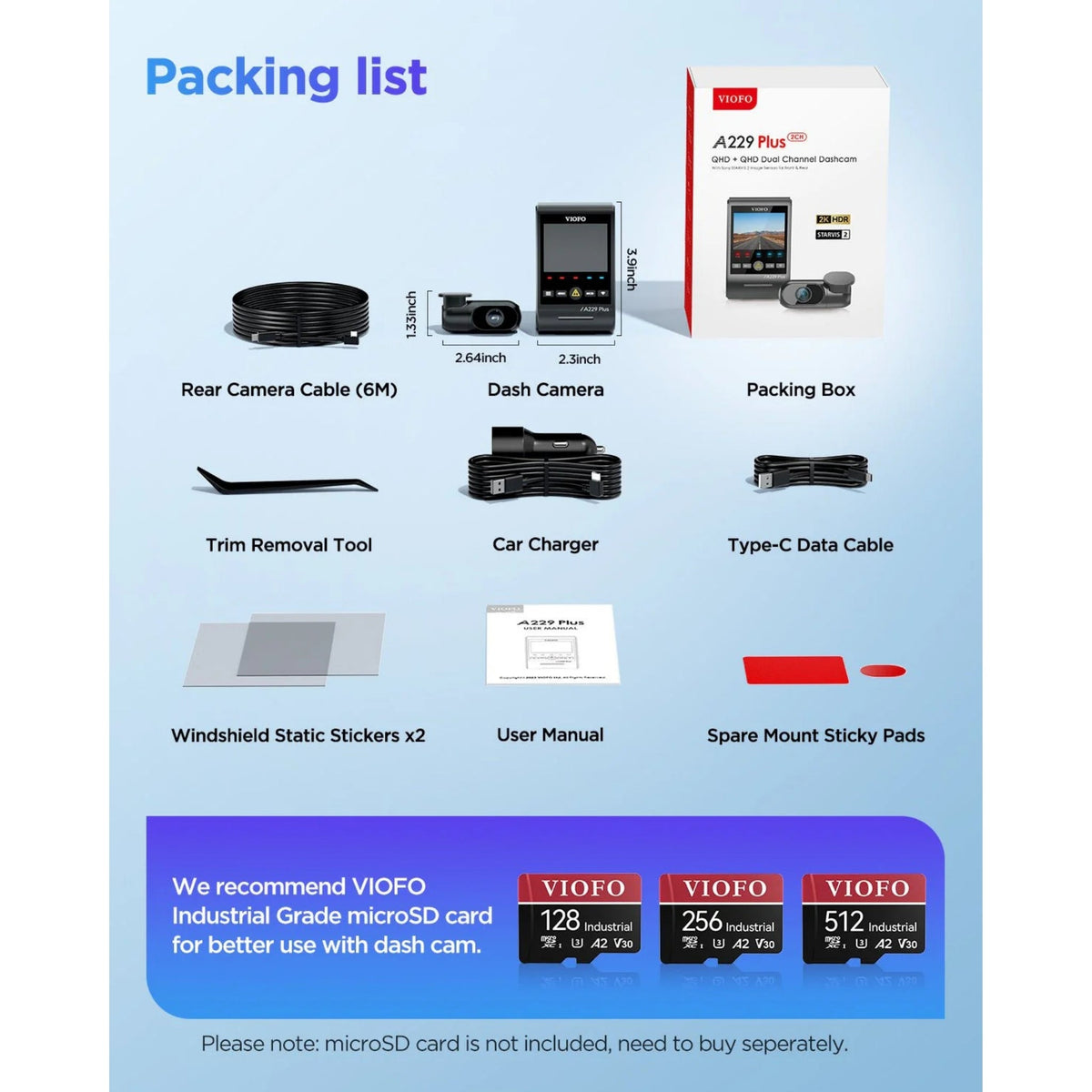 Packing list of car accessories with VIOFO branding on a blue background