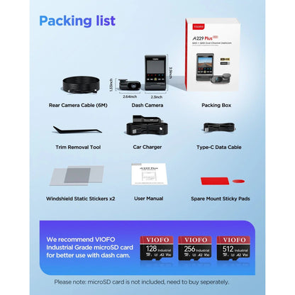 Packing list of car accessories with VIOFO branding on a blue background