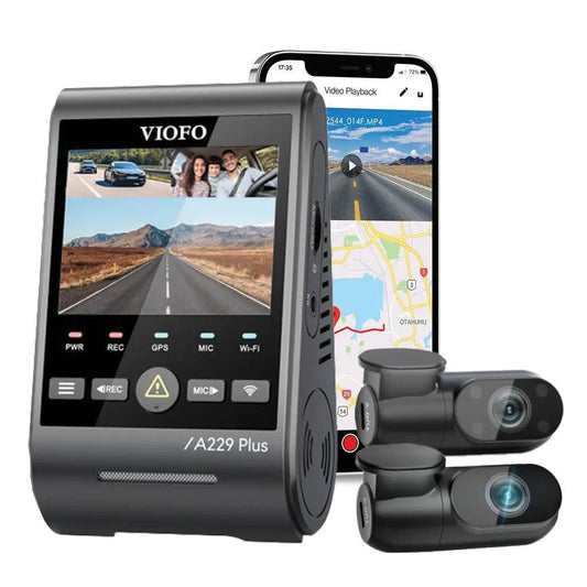 VIOFO A229 Plus dashboard camera with two additional cameras and smartphone displaying app interface.