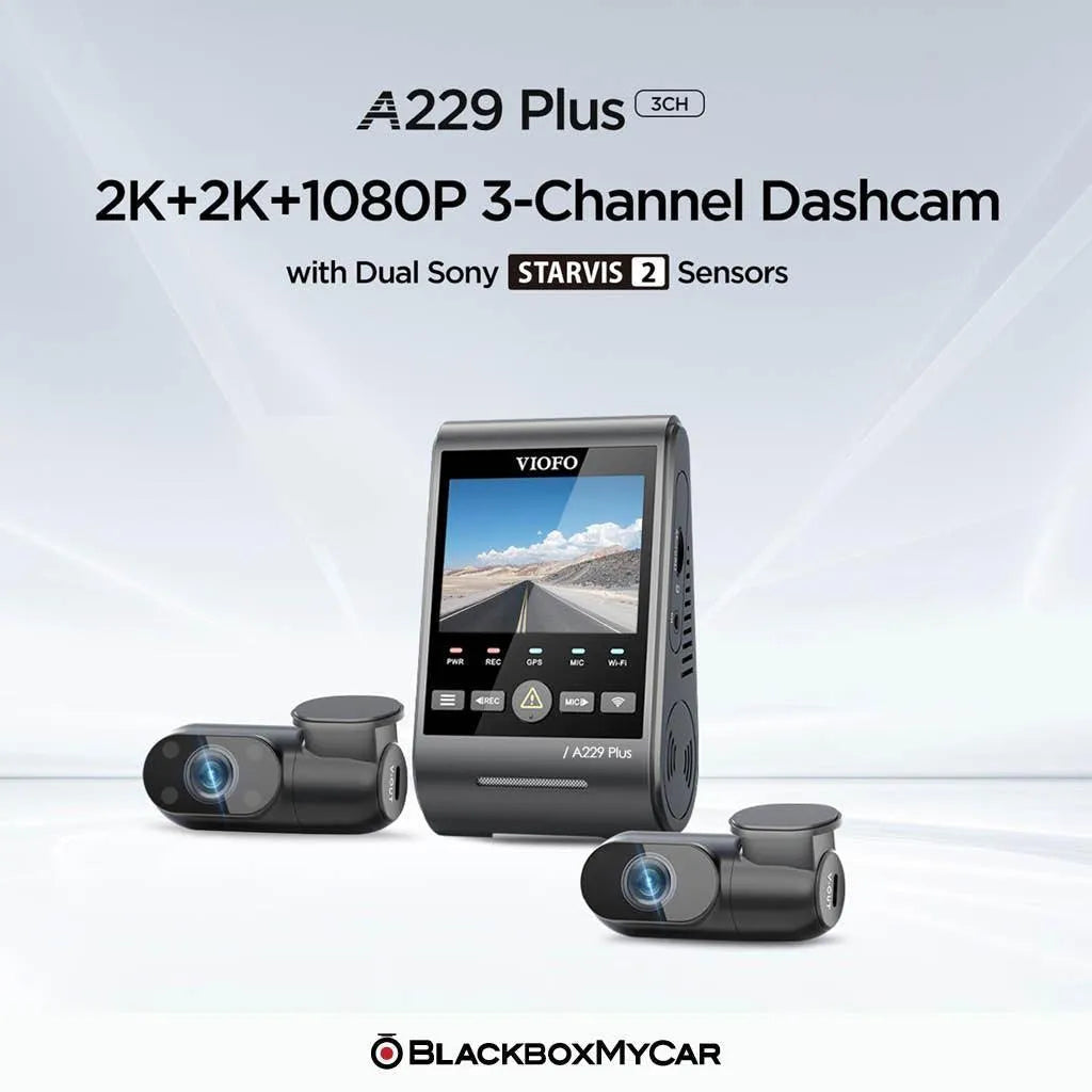 VIOFO A229 Plus 3-channel dashcam with dual Sony STARVIS 2 sensors on a white background