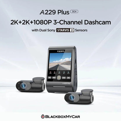 VIOFO A229 Plus 3-channel dashcam with dual Sony STARVIS 2 sensors on a white background