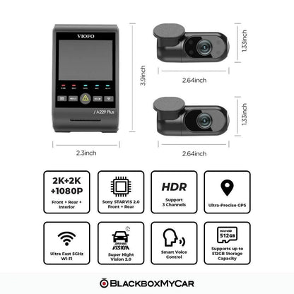A product infographic for a VIOFO car camera package, showing a front and rear camera view with dimensions, plus feature icons for 2K+2K 1080P, Sony STRAT-4GVS 3.0, HDR, ultra-precise GPS, Wi-Fi, and 512GB storage.