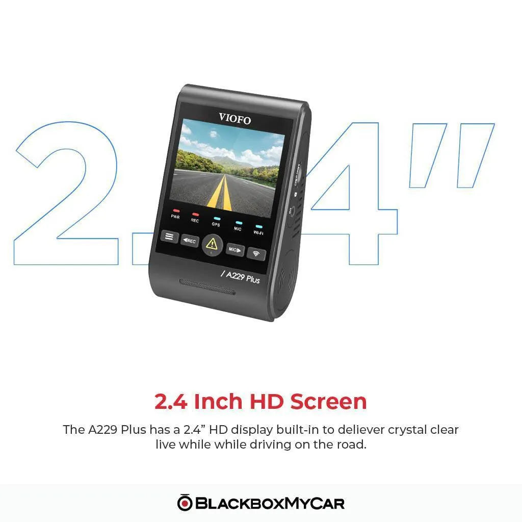 Car dashboard camera with 2.4 inch HD screen on a white background, featuring the brand 'BlackboxMyCar'.