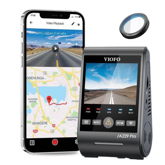 VIOFO A229 Pro front dash cam with CPL filter beside a phone showing video playback and a route map