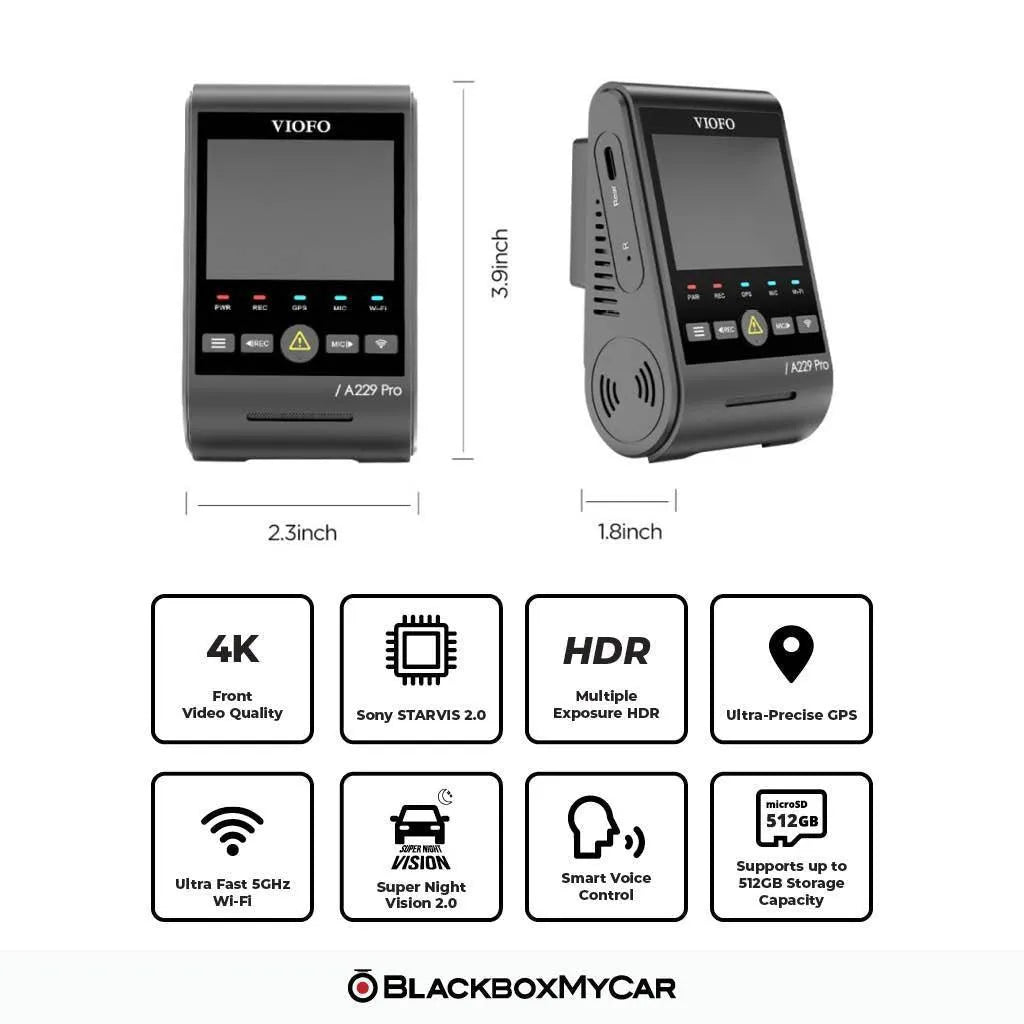 VIOFO A229 Pro screen and side views with dimensions and recording feature icons