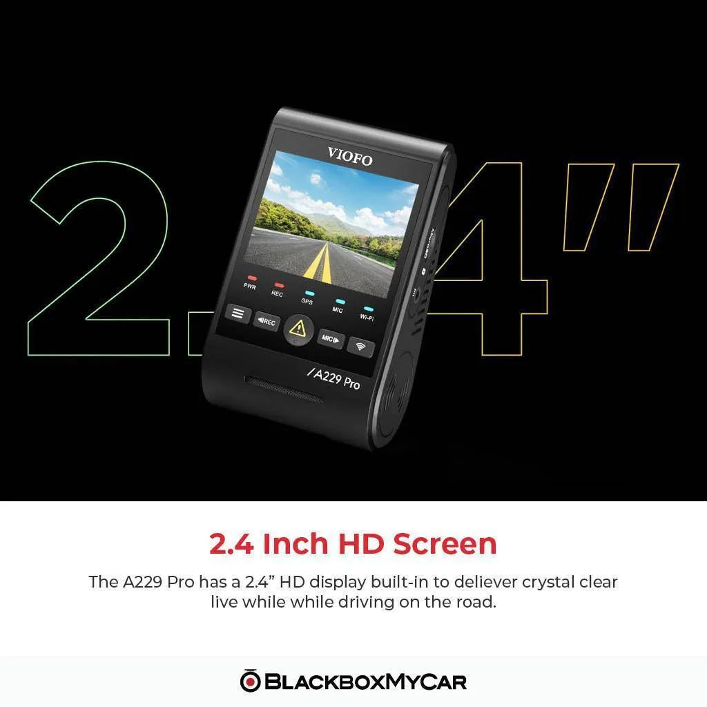 VIOFO A229 Pro dash cam illustrating its 2.4-inch built-in display