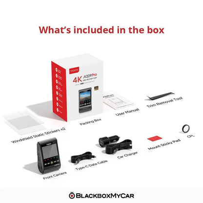 VIOFO A229 Pro box contents with front camera, CPL filter, charger, data cable, stickers, manual and trim tool