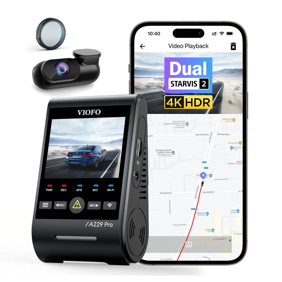 VIOFO A229 Pro 2CH front and rear cameras with CPL filter beside a phone showing the VIOFO app