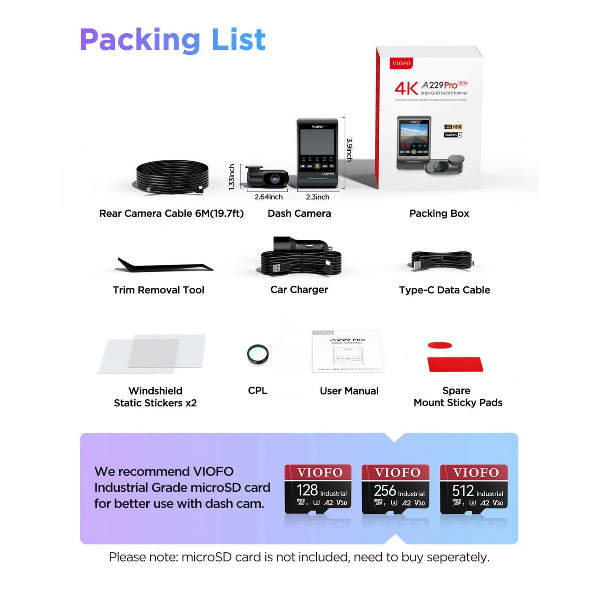 VIOFO A229 Pro 2CH packing list: cameras, cable, car charger, CPL filter and stickers