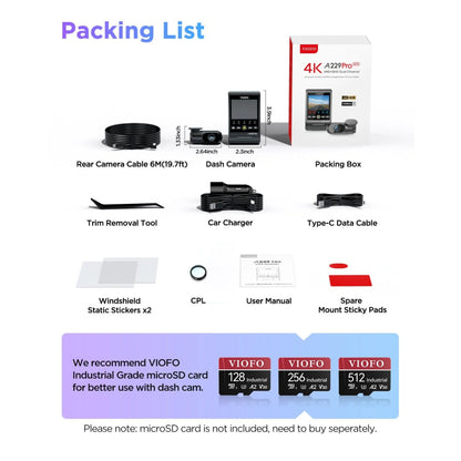 VIOFO A229 Pro 2CH packing list: cameras, cable, car charger, CPL filter and stickers