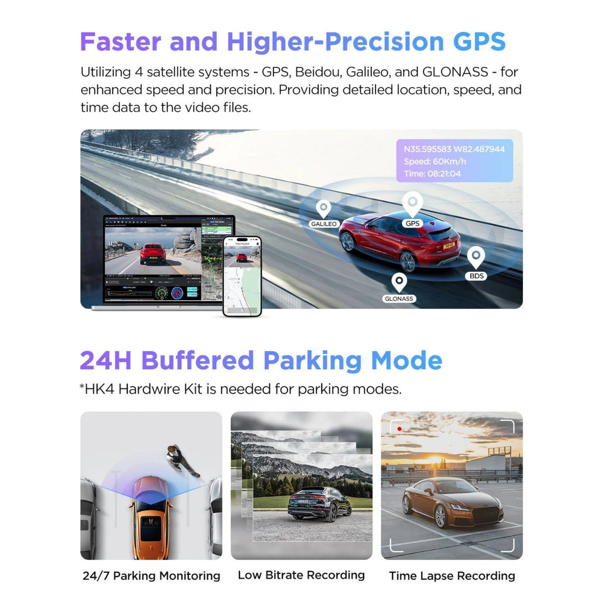 VIOFO A229 Pro GPS logging and buffered parking mode feature graphic